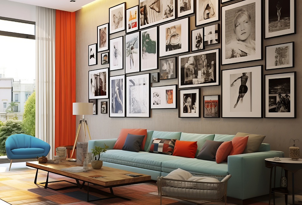 Galerija fotografija i slika na zidu u modernoj dnevnoj sobi.